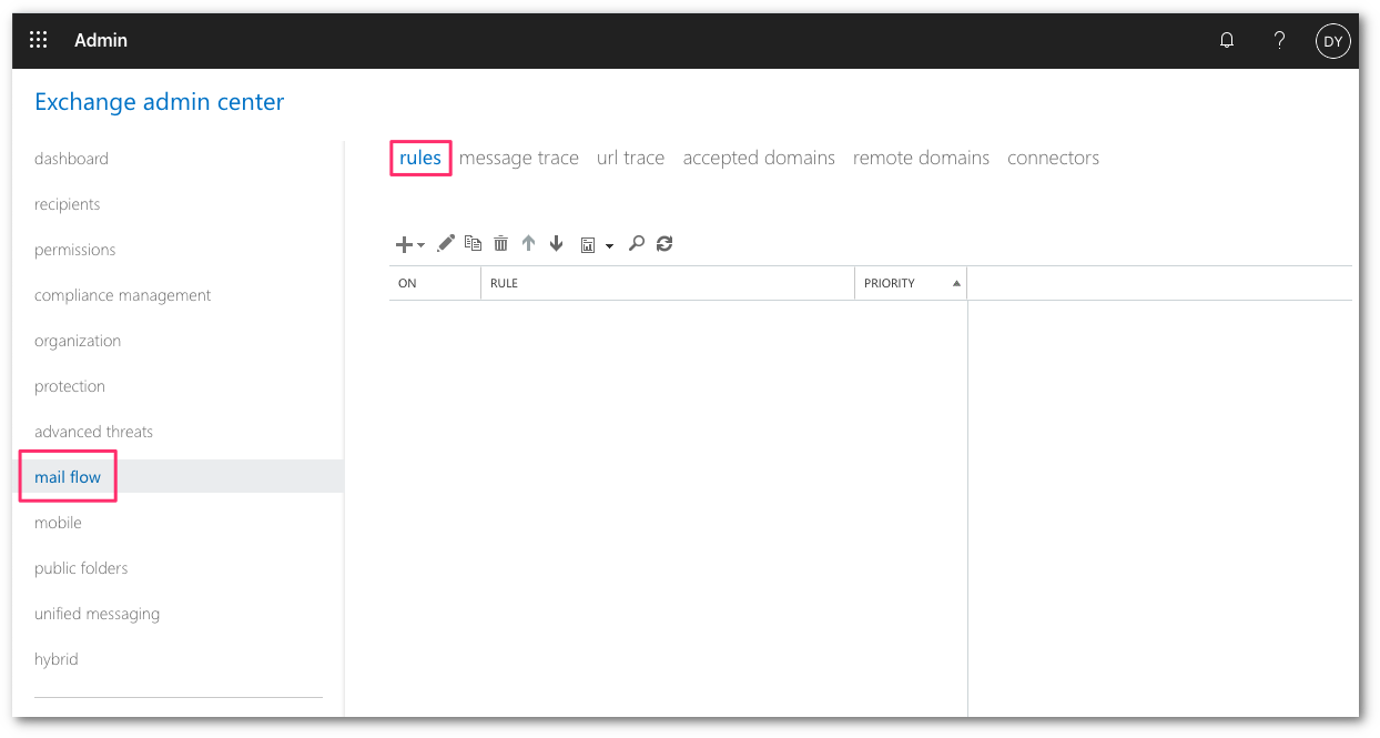 Select rules from the Exchange admin console